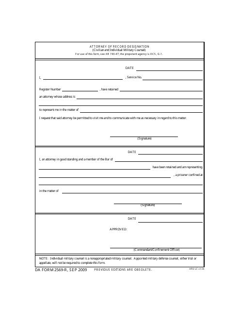 DA Form 2569-R  Printable Pdf