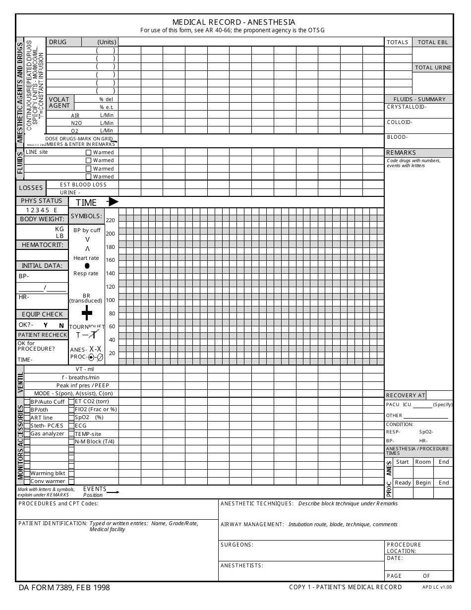 DA Form 7389 Medical Record - Anesthesia, Page 1