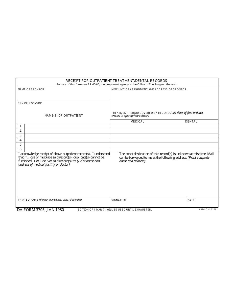 DA Form 3705 Receipt for Outpatient Treatment / Dental Records, Page 1