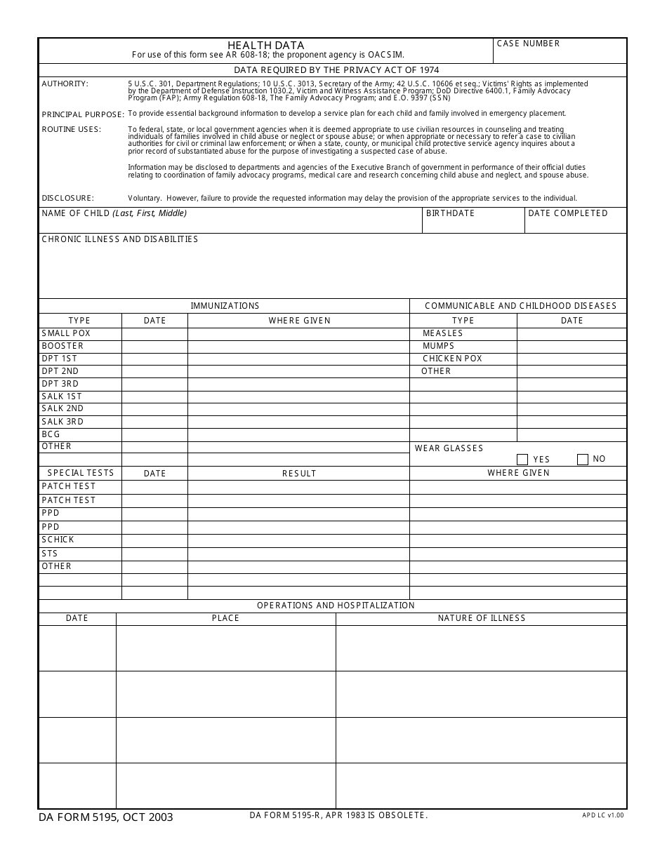 DA Form 5195 Health Data, Page 1