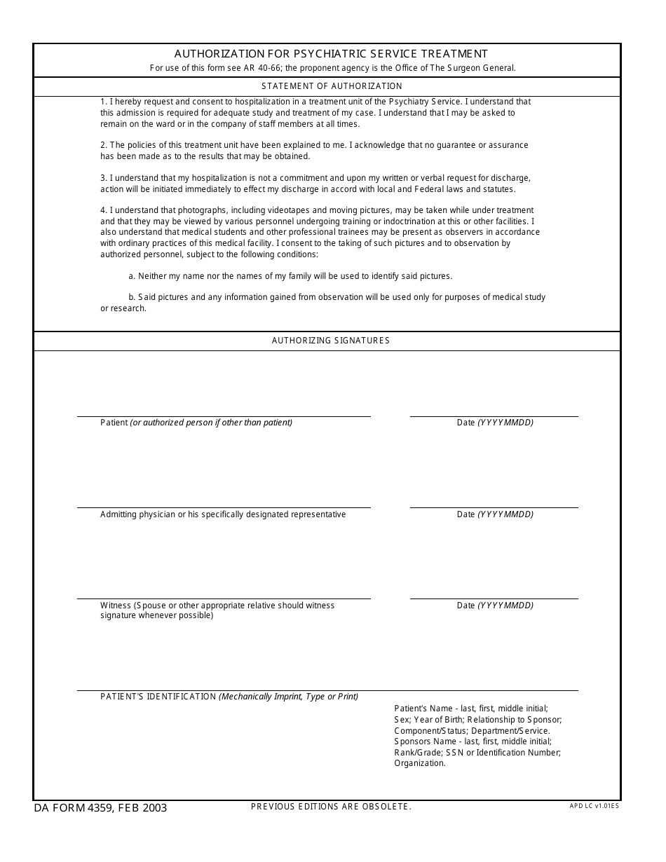 DA Form 4359 Authorization for Psychiatric Service Treatment, Page 1
