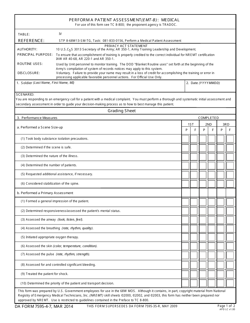 DA Form 7595-4-7 Perform a Patient Assessment (Emt-B): Medical, Page 1
