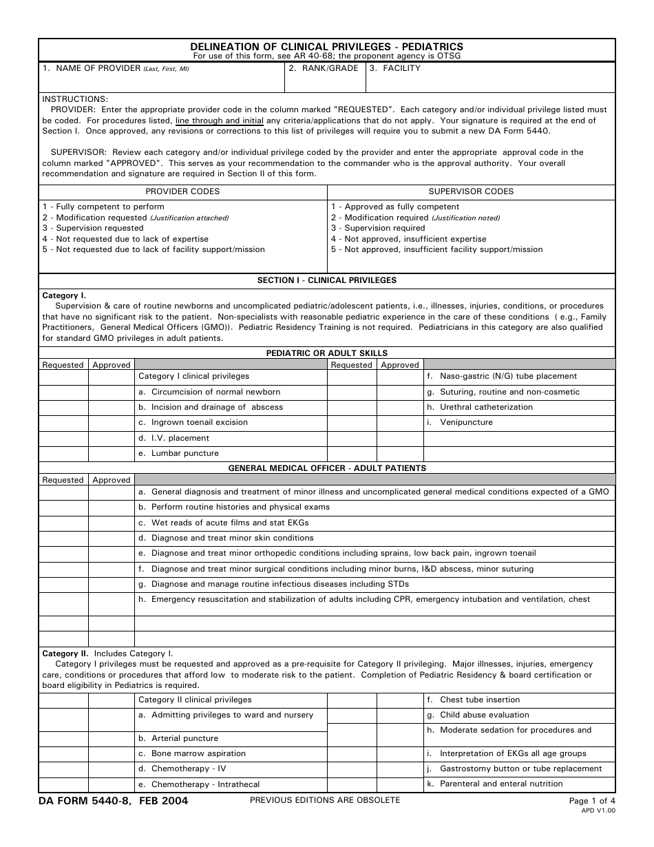DA Form 5440-8 Delineation of Clinical Privileges-Pediatrics, Page 1