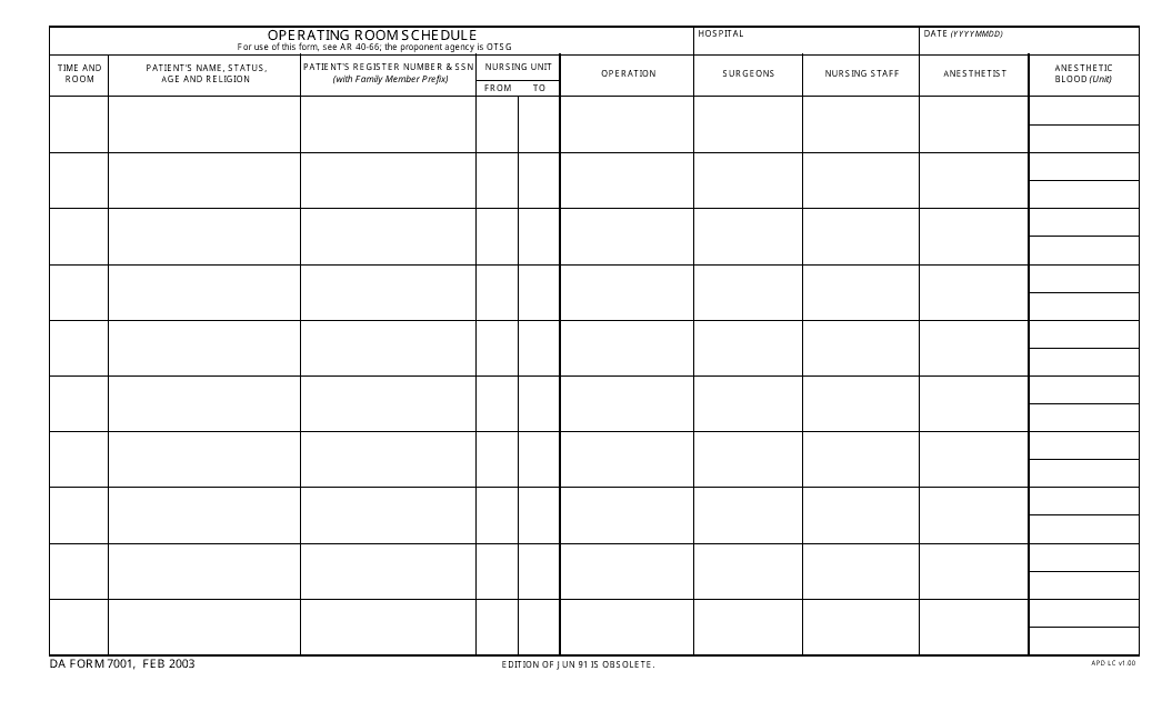 DA Form 7001 Operating Room Schedule