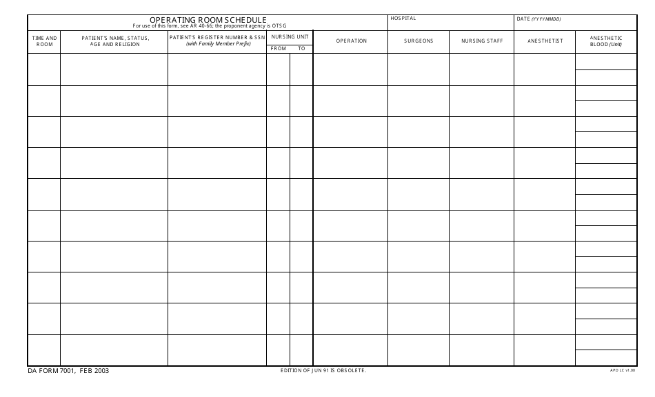 DA Form 7001 Operating Room Schedule, Page 1
