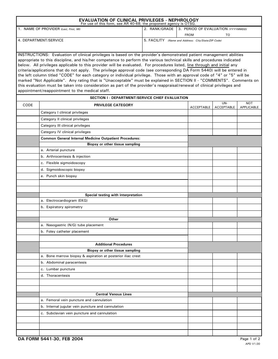 DA Form 5441-30 Evaluation of Clinical Privileges - Nephrology, Page 1