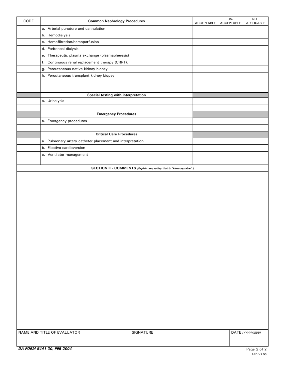 DA Form 5441-30 Evaluation of Clinical Privileges - Nephrology, Page 2