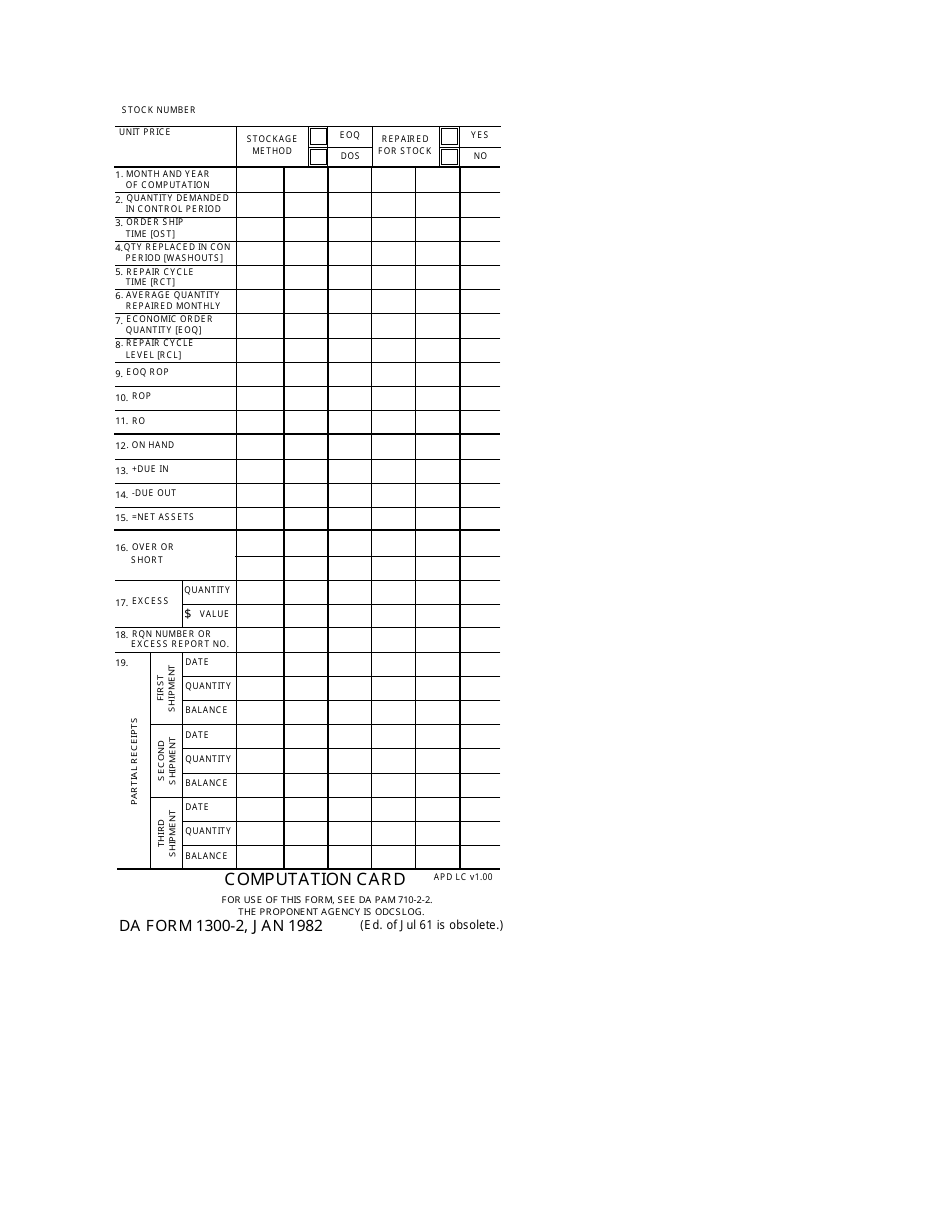 DA Form 1300-2 Computation Card, Page 1