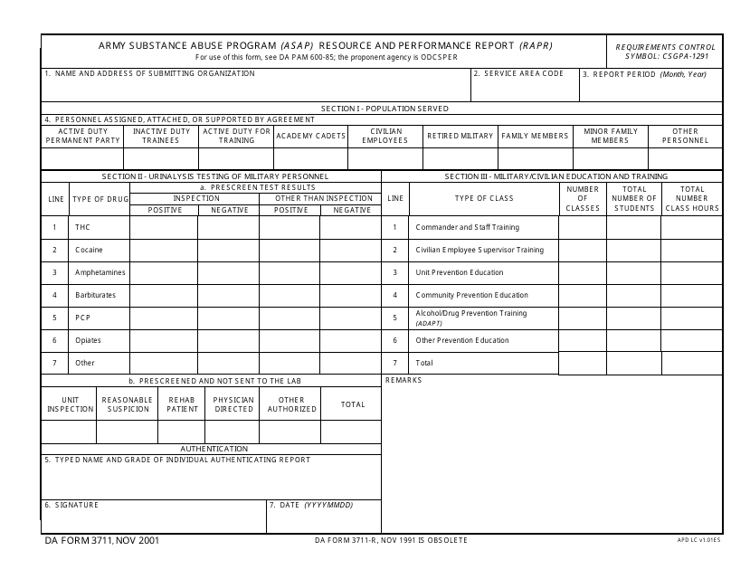 DA Form 3711 Army Substance Abuse Program (Asap) Resource and Performance Report (Rapr)