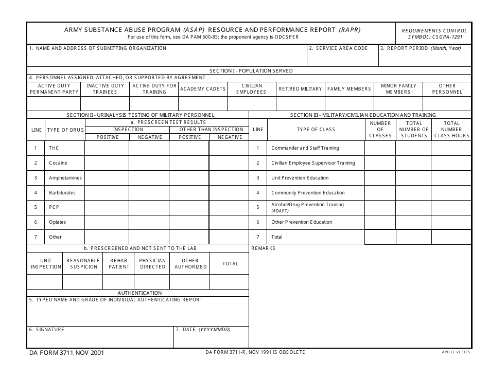 DA Form 3711 Army Substance Abuse Program (Asap) Resource and Performance Report (Rapr), Page 1