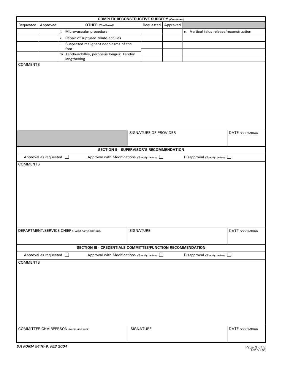 DA Form 5440-9 Delineation of Clinical Privileges-Podiatry, Page 3