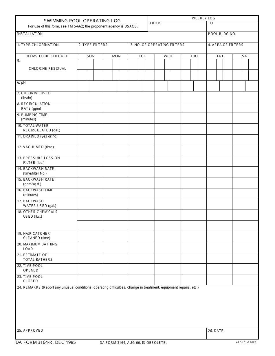 DA Form 3164-R Swimming Pool Operating Log (LRA), Page 1