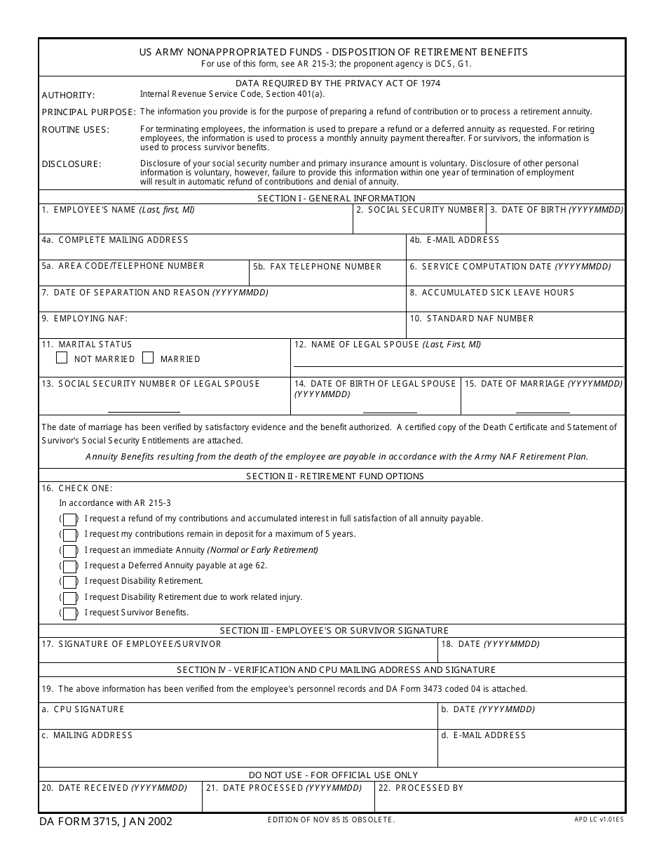 DA Form 3715 US Army Nonappropriated Funds - Disposition of Retirement Benefits, Page 1