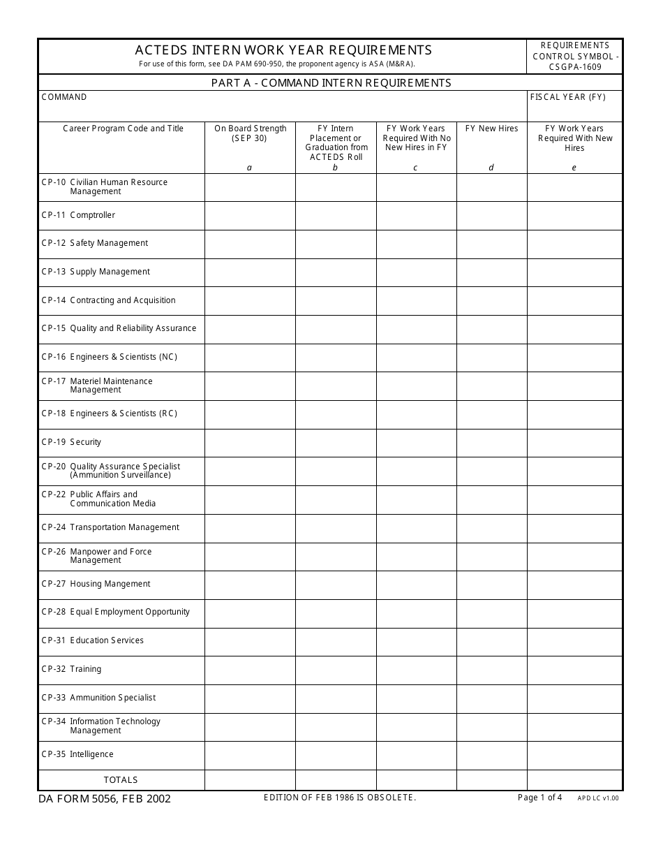 DA Form 5056 Acteds Intern Work Year Requirements, Page 1