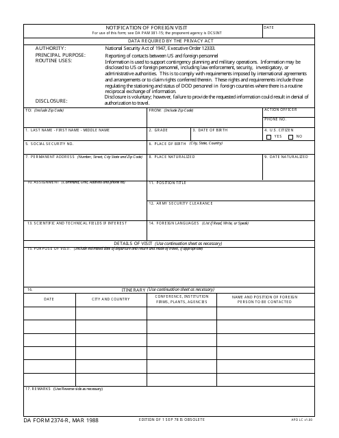 DA Form 2374-R  Printable Pdf