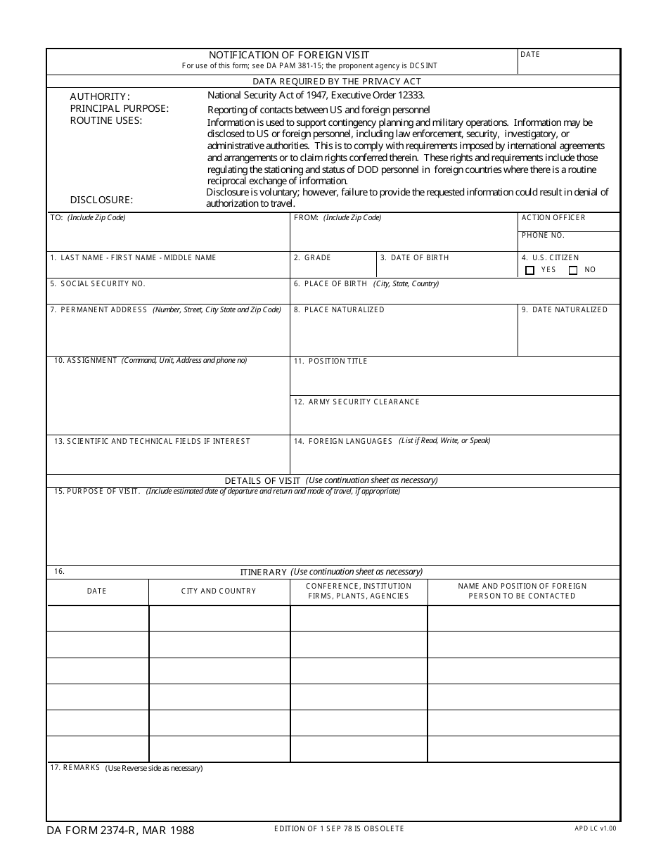 DA Form 2374-R Notification of Foreign Visit (LRA), Page 1