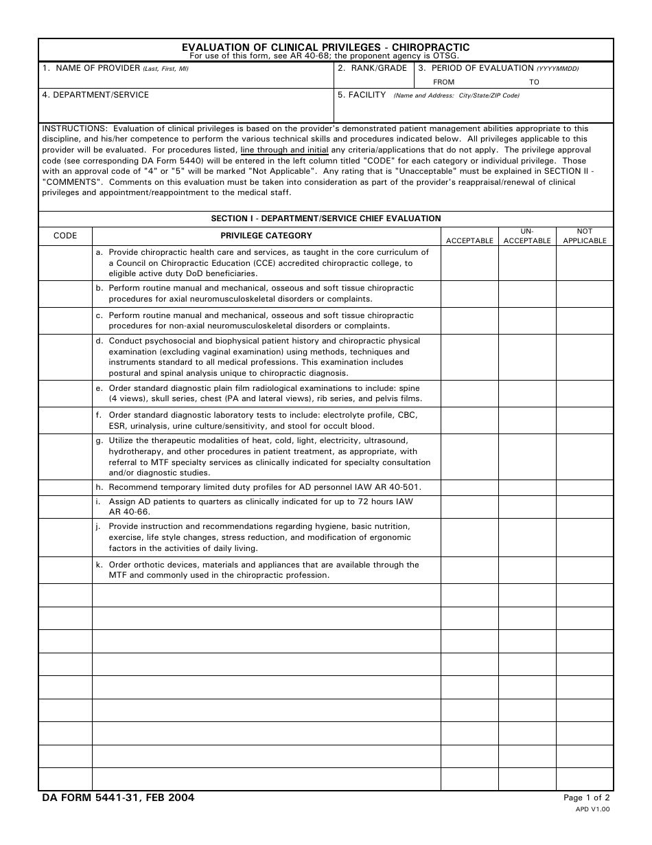 DA Form 5441-31 Evaluation of Clinical Privileges - Chiropractic, Page 1
