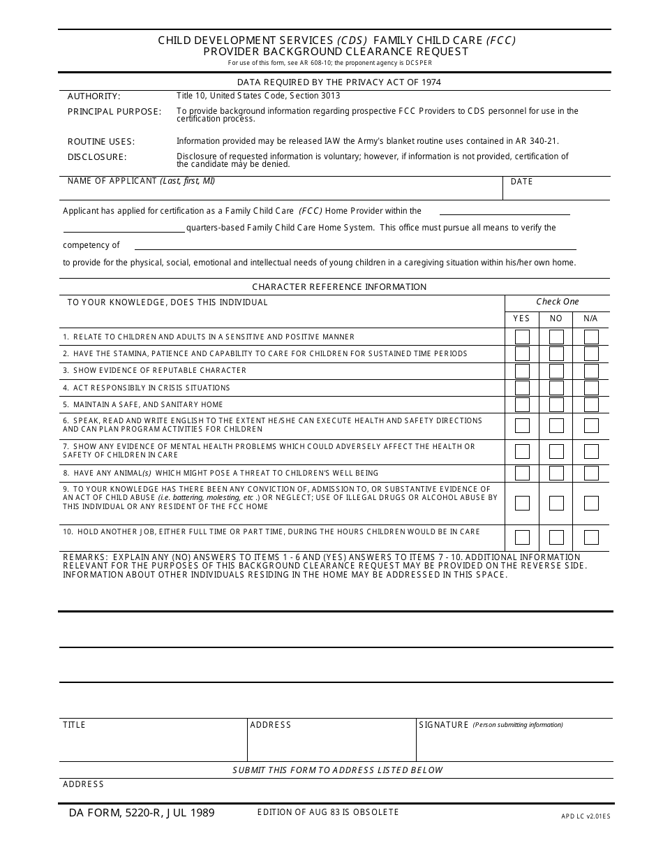 DA Form 5220-R Child Development Services (Cds) Family Child Care (FCC) Provider Background Clearance Request (LRA), Page 1