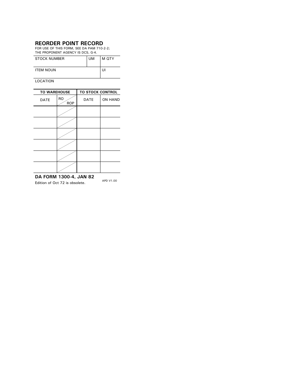 DA Form 1300-4 Reorder Point Record, Page 1