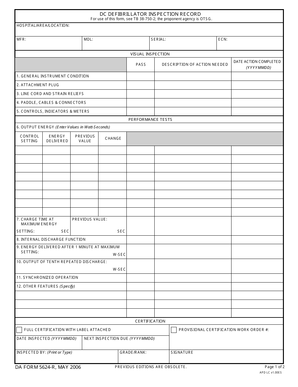 DA Form 5624-R Dc Defibrillator Inspection Record, Page 1