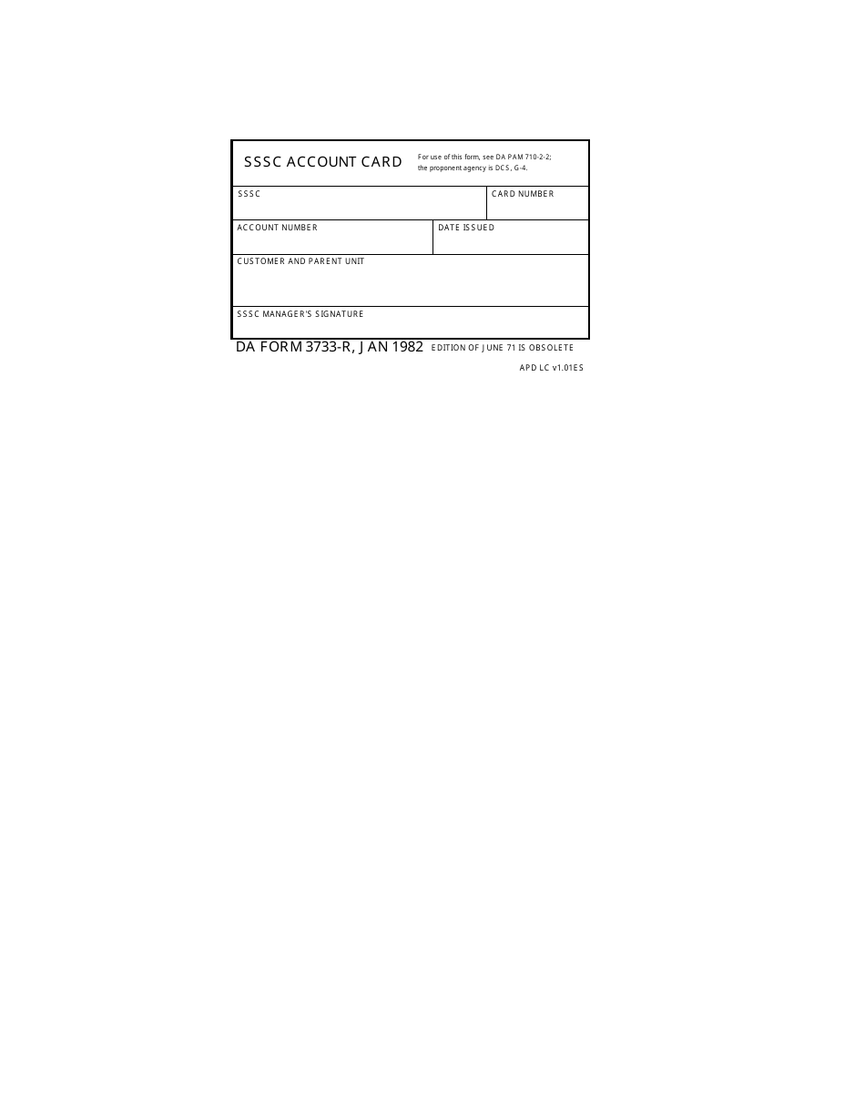 DA Form 3733-R Self-service Supply Center Account Card (LRA), Page 1
