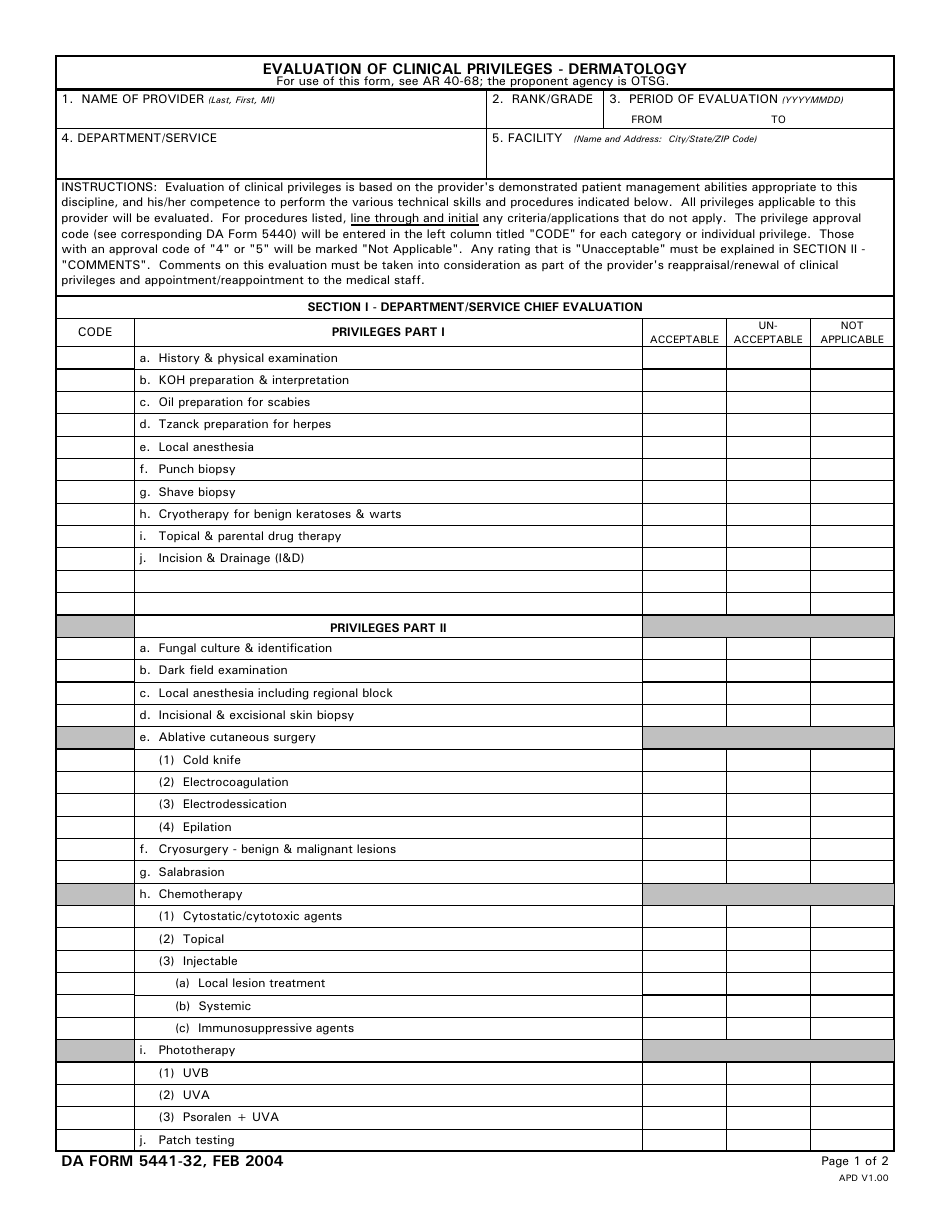 DA Form 5441-32 Evaluation of Clinical Privileges - Dermatology, Page 1