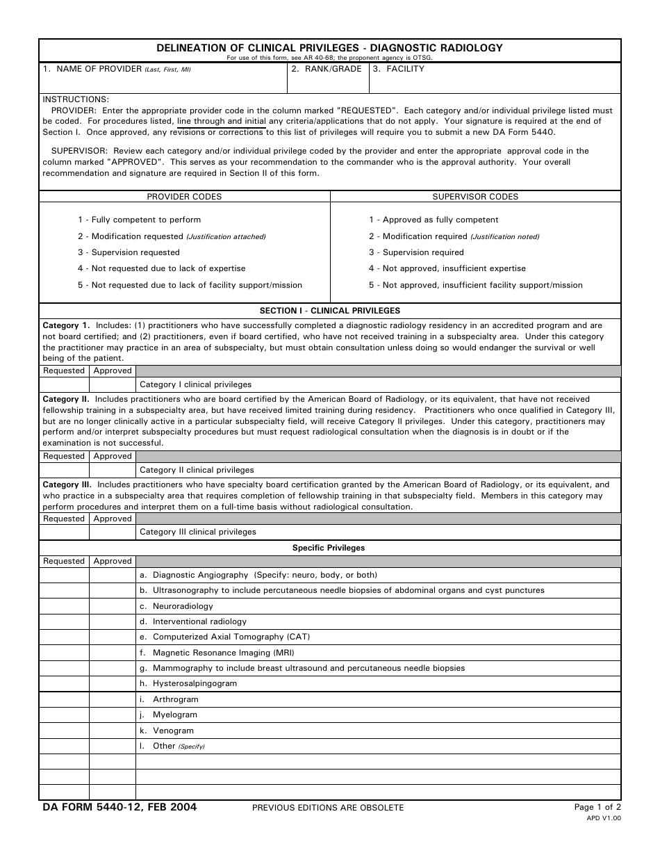 DA Form 5440-12 Delineation of Clinical Privileges-Diagnostic Radiology, Page 1