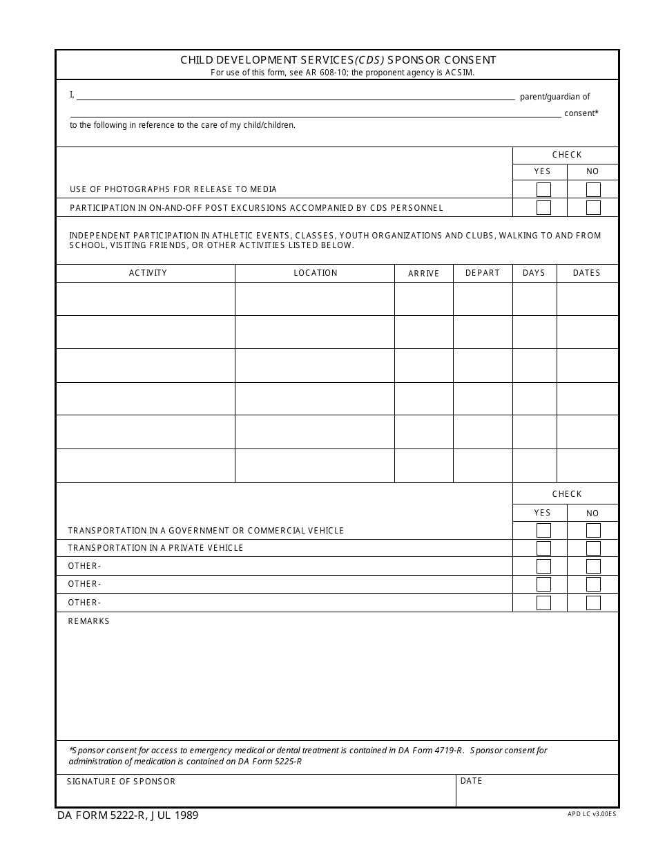 DA Form 5222-R Child Development Services (Cds) Sponsor Consent Form, Page 1