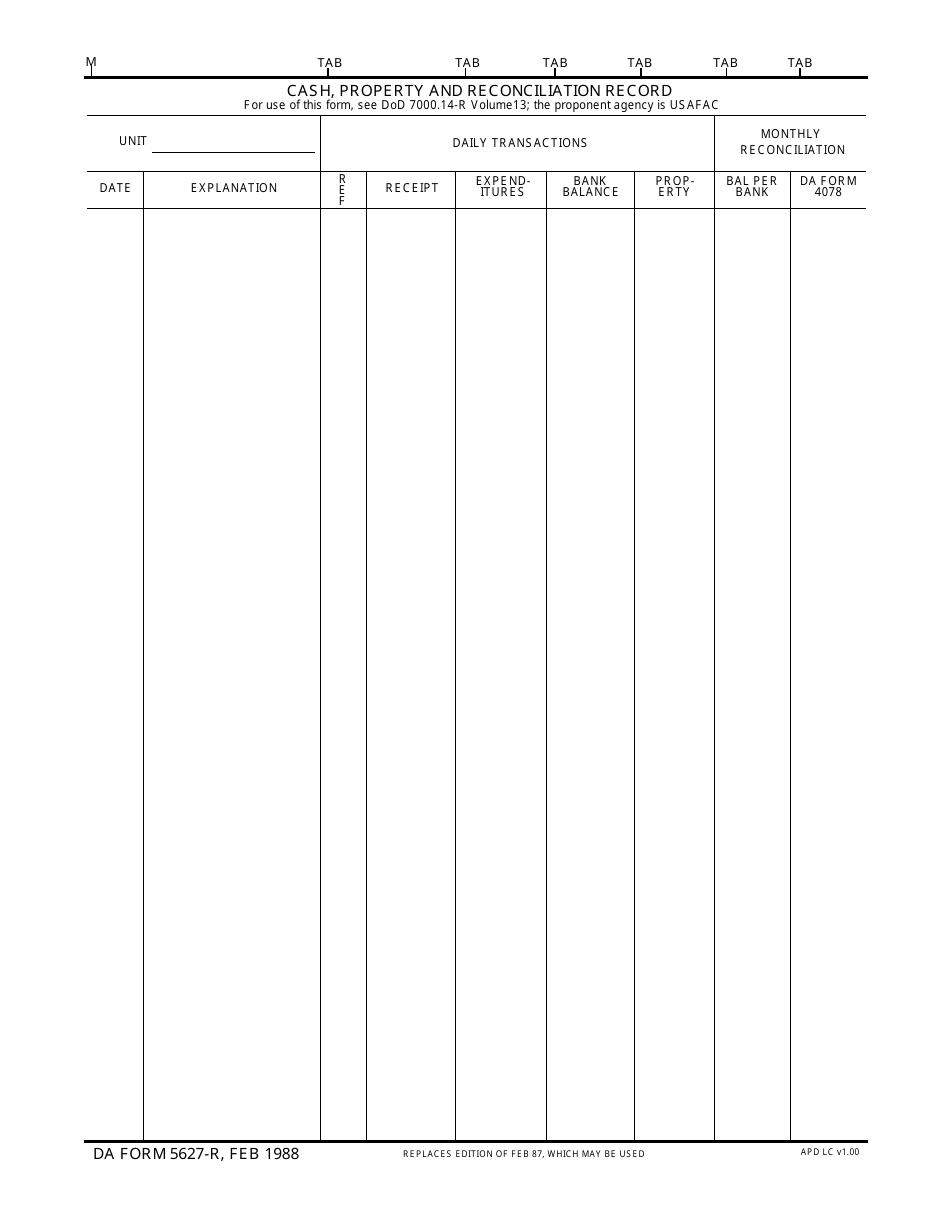 DA Form 5627-R Cash Property and Reconciliation Record, Page 1
