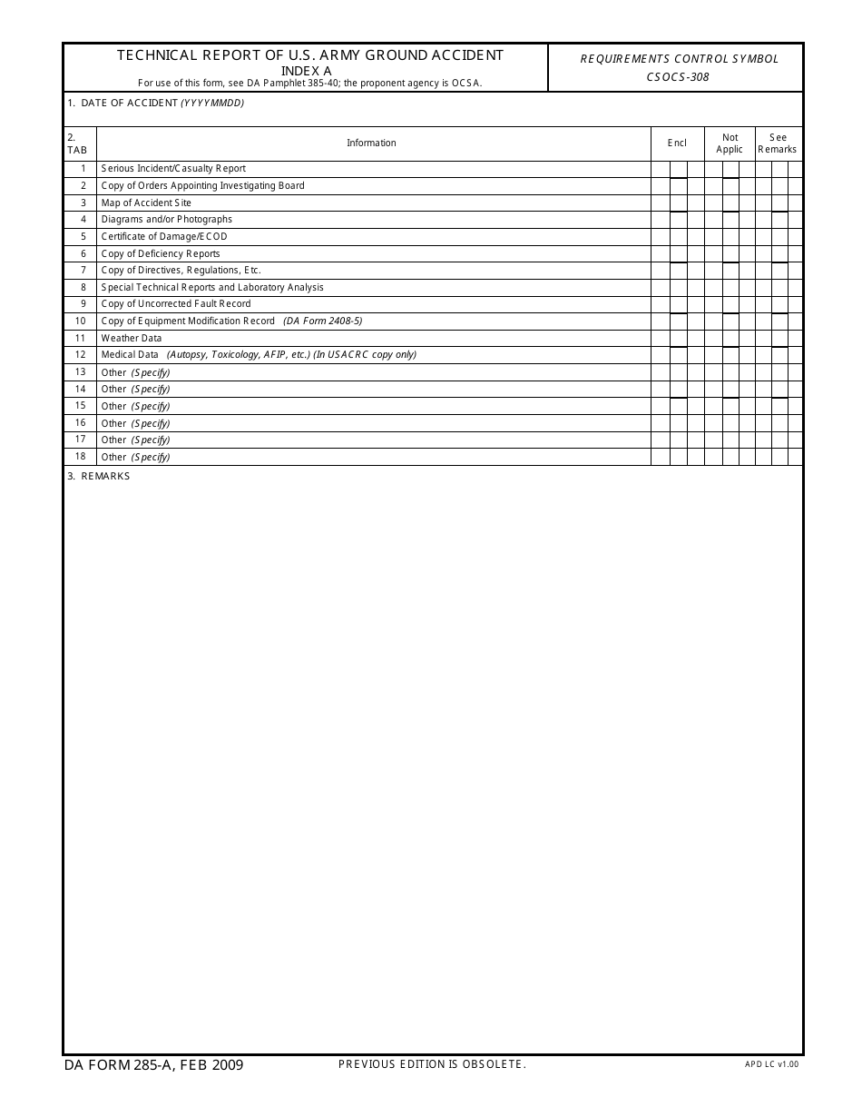 DA Form 285-A Technical Report of U.S. Army Ground Accident - Index a, Page 1