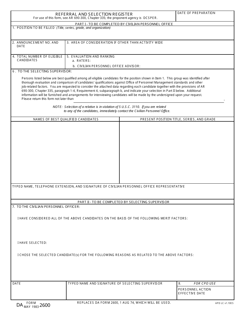 DA Form 2600 Referral and Selection Register, Page 1