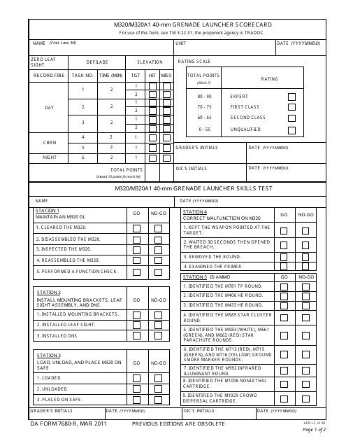 DA Form 7680-R M320/M320a1 40-mm Grenade Launcher Scorecard