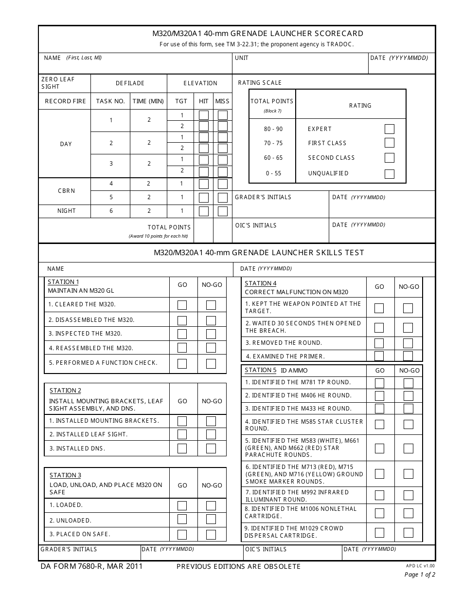 DA Form 7680-R M320 / M320a1 40-mm Grenade Launcher Scorecard, Page 1