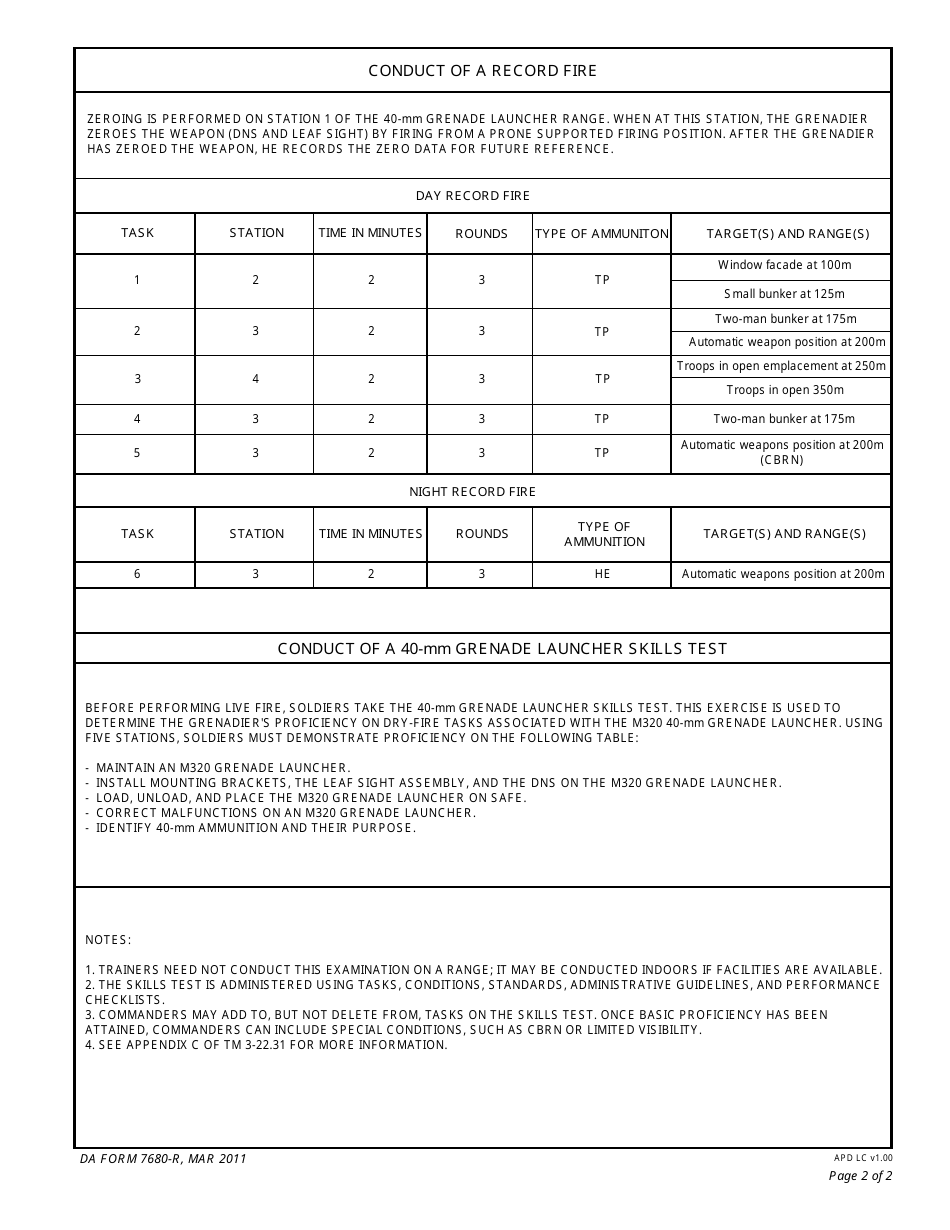 DA Form 7680-R M320 / M320a1 40-mm Grenade Launcher Scorecard, Page 2
