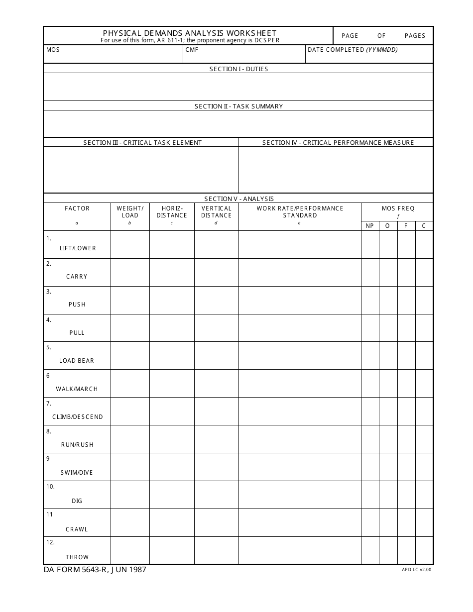 DA Form 5643 Physical Demands Analysis Worksheet, Page 1
