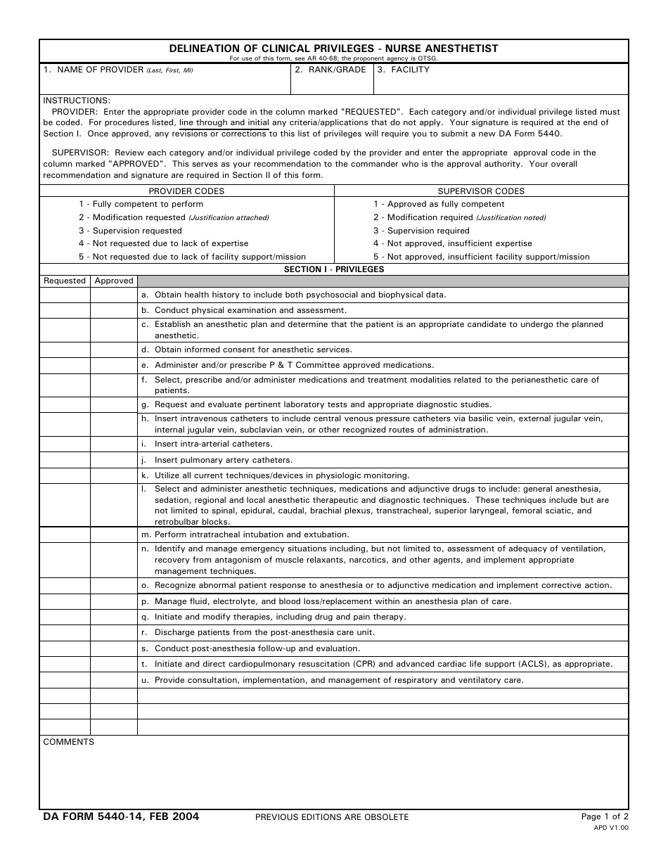 DA Form 5440-14 Delineation of Clinical Privileges-Nurse Anesthetists, Page 1
