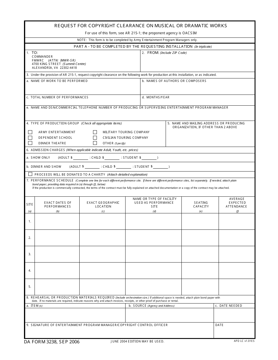 DA Form 3238 Request for Copyright Clearance on Musical or Dramatic Works, Page 1