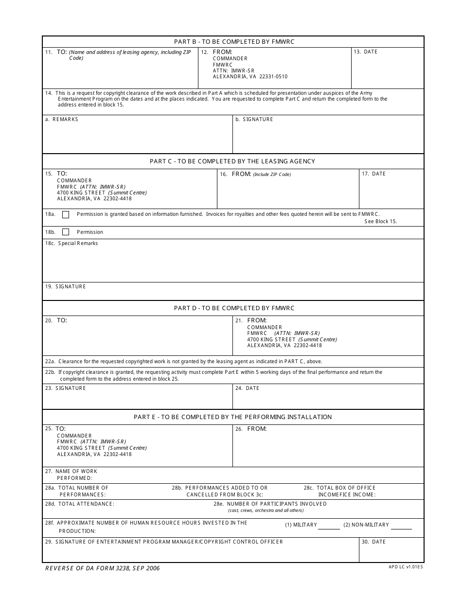 DA Form 3238 Request for Copyright Clearance on Musical or Dramatic Works, Page 2