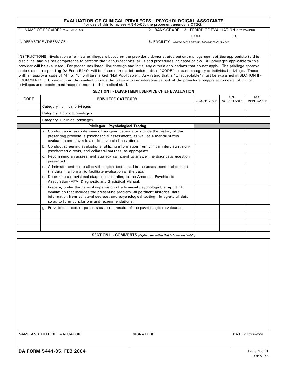DA Form 5441-35 Evaluation of Clinical Privileges - Psychological Associate, Page 1