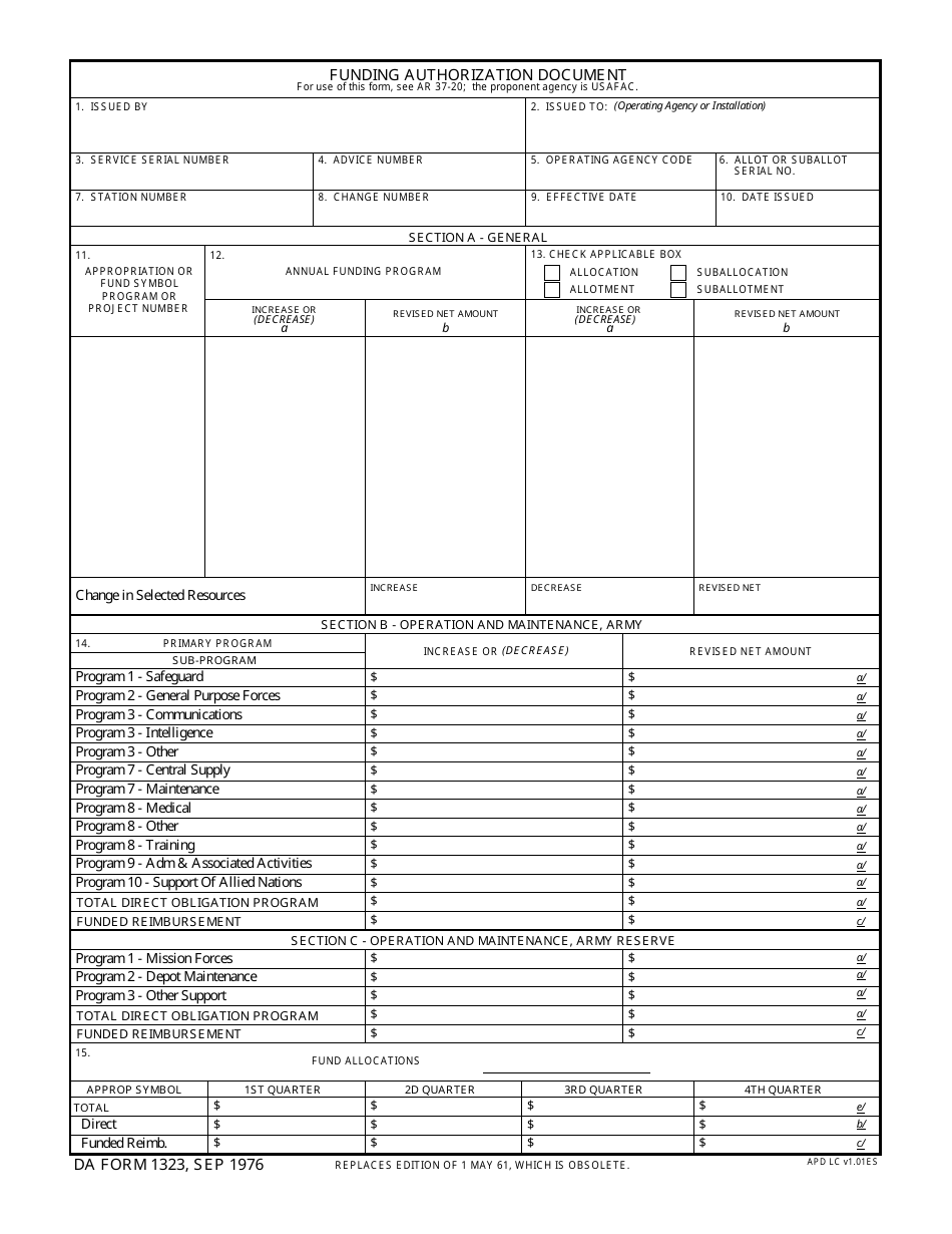 DA Form 1323 Funding Authorization Document, Page 1