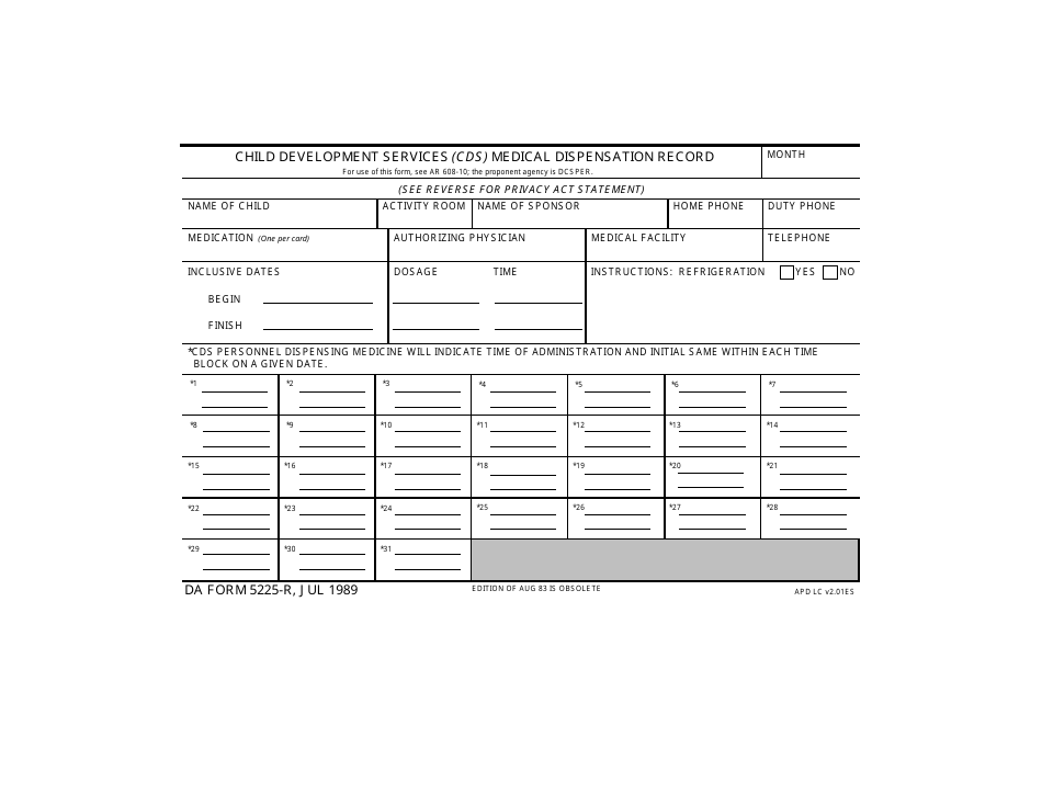 DA Form 5225-R Child Development Services (Cds) Medical Dispensation Record, Page 1