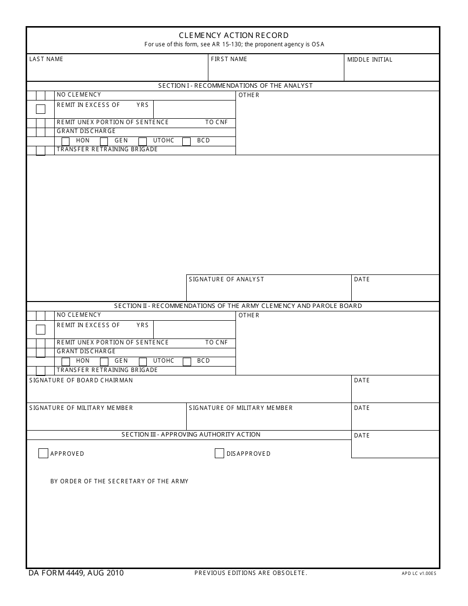DA Form 4449 Clemency Action Record, Page 1