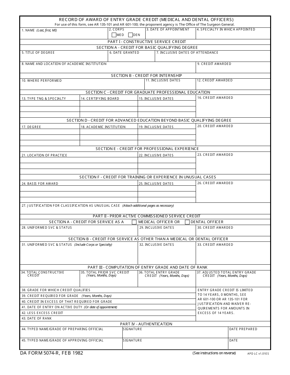 DA Form 5074-R Record of Award of Entry Grade Credit (Medical and Dental Officers), Page 1
