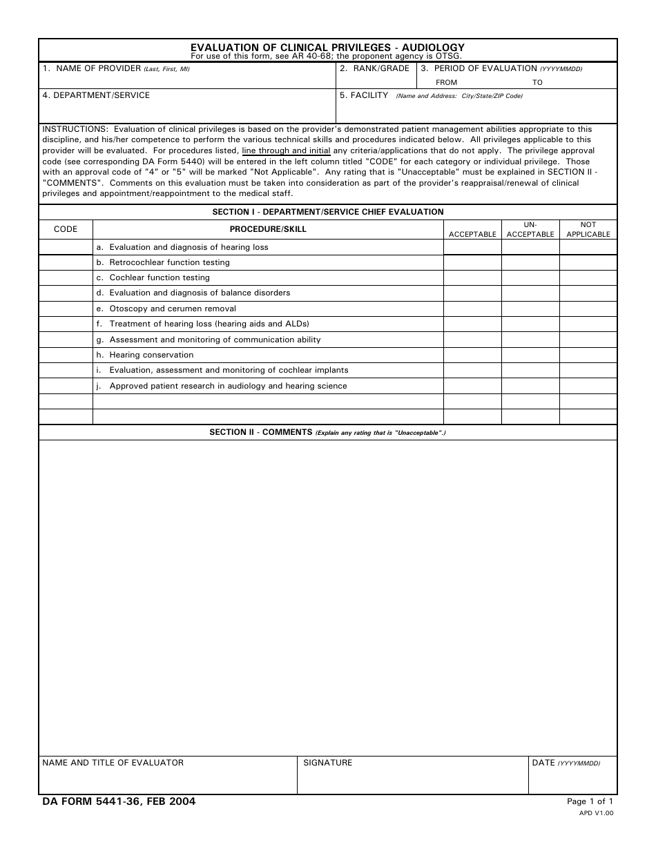 DA Form 5441-36 Evaluation of Clinical Privileges - Audiology, Page 1
