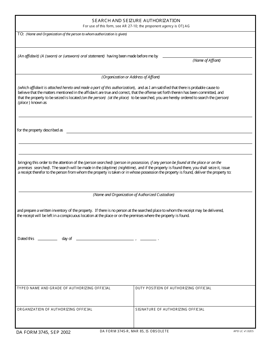 DA Form 3745 Search and Seizure Authorization, Page 1
