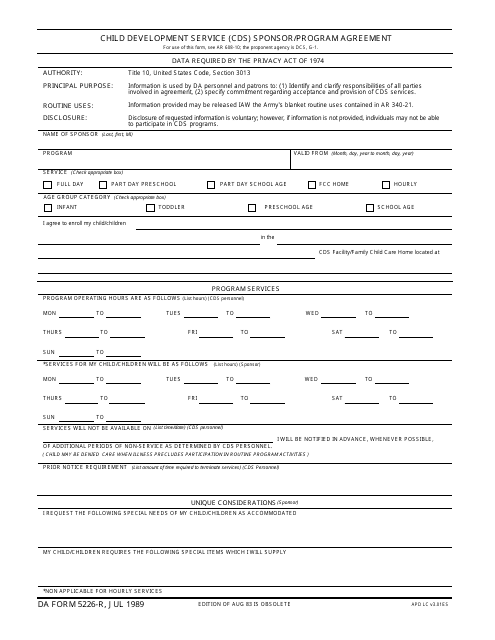 DA Form 5226-R  Printable Pdf