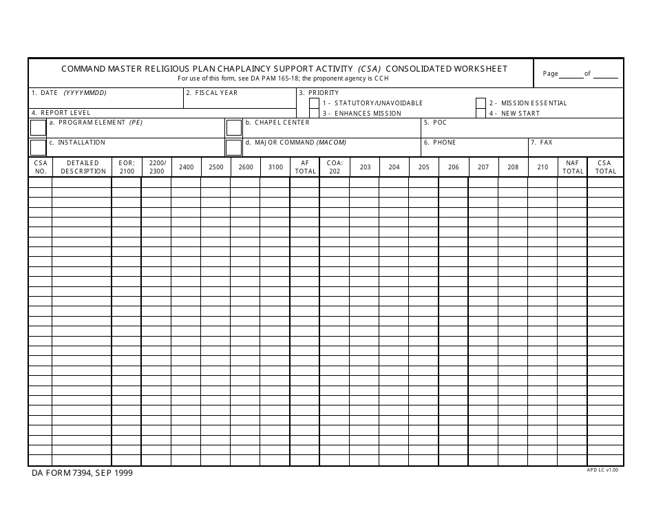 DA Form 7394 Command Master Religious Plan Chaplaincy Support Activity (Csa) Consolidated Worksheet, Page 1