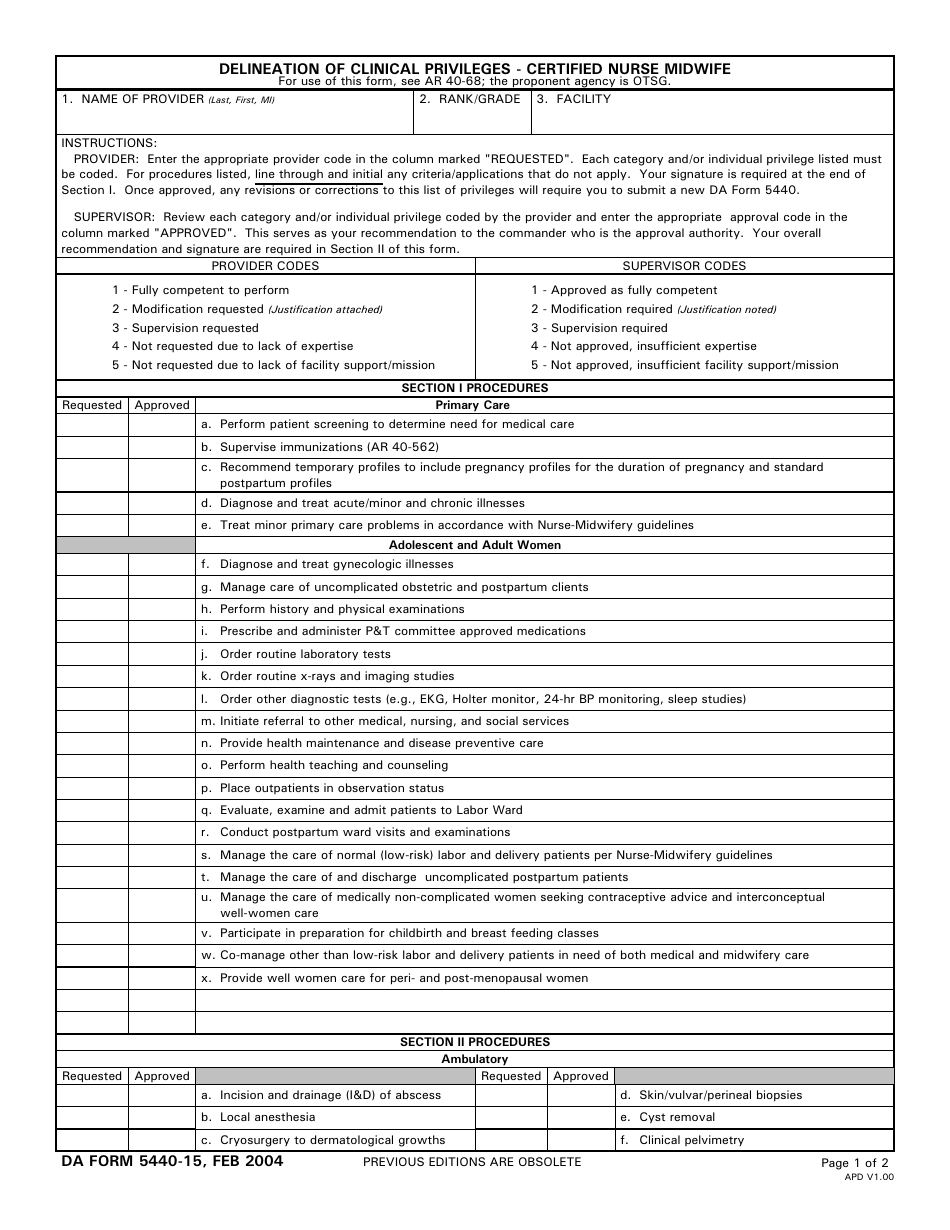 DA Form 5440-15 Delineation of Clinical Privileges - Certified Nurse Midwives, Page 1