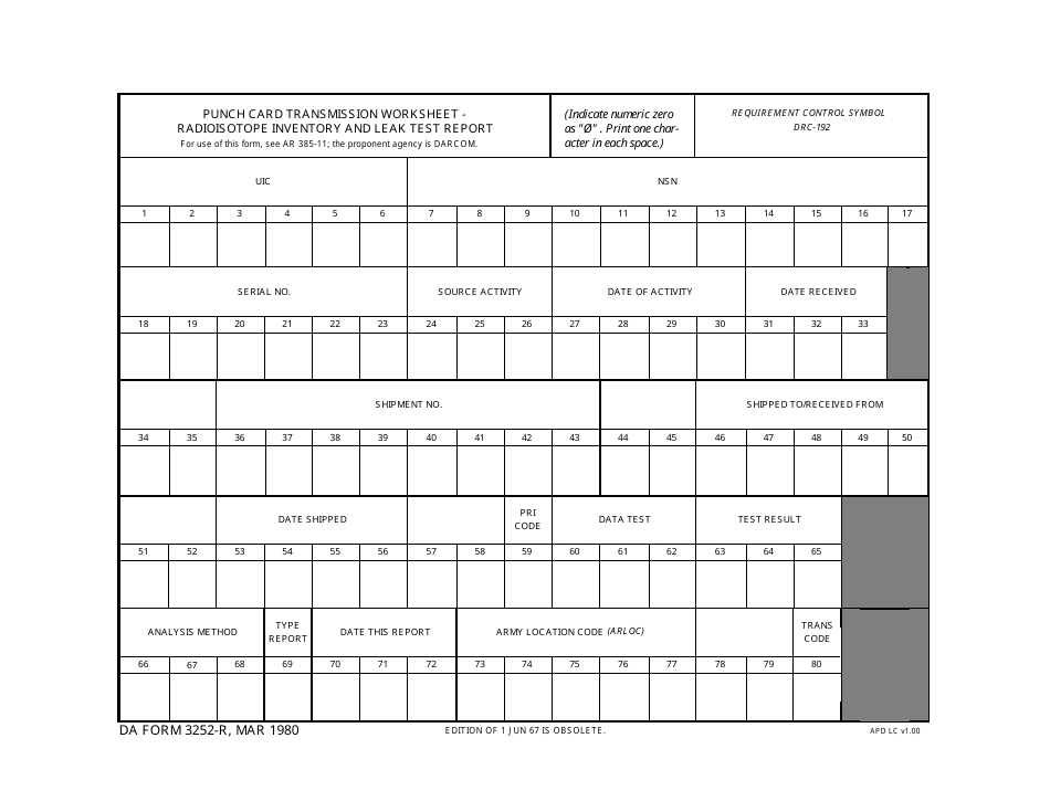 DA Form 3252-R Punch Card Transmission Worksheet - Radioisotope Inventory and Leak Test Report, Page 1