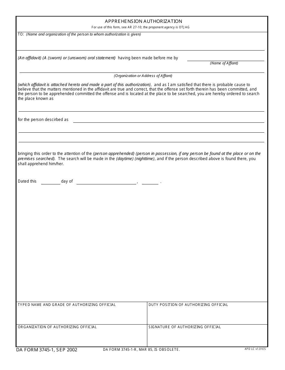 DA Form 3745-1 - Fill Out, Sign Online and Download Fillable PDF ...